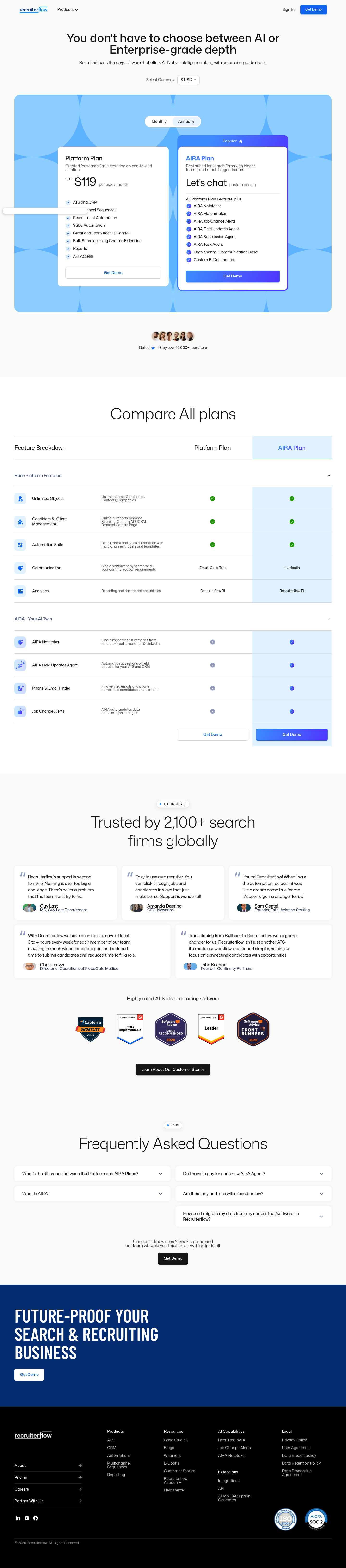 Screenshot of Recruiterflow's pricing page showing its plans and prices