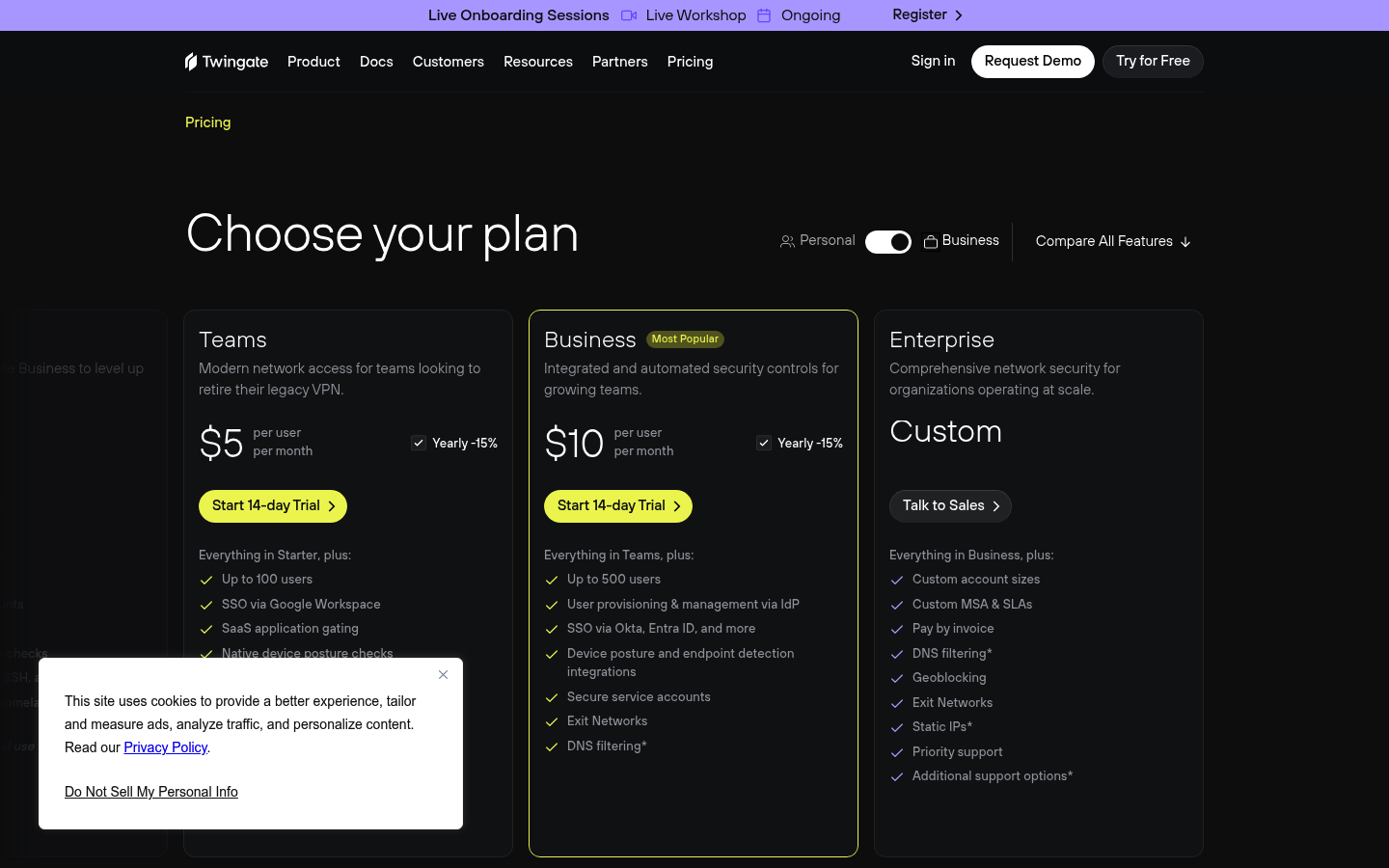 Screenshot of Twingate's pricing page showing its plans and prices