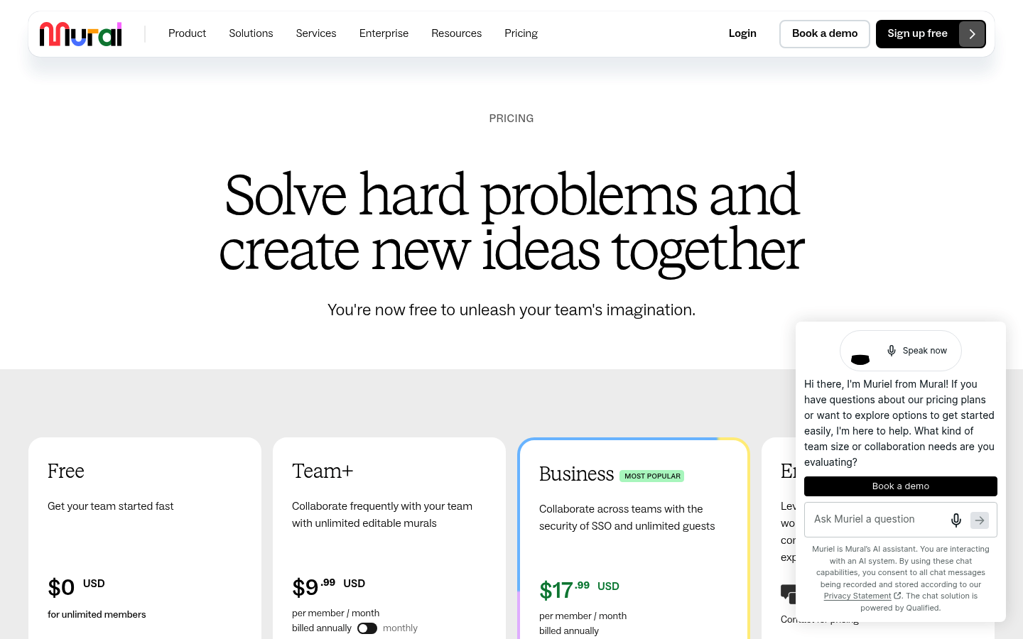 Screenshot of MURAL's pricing page showing its plans and prices