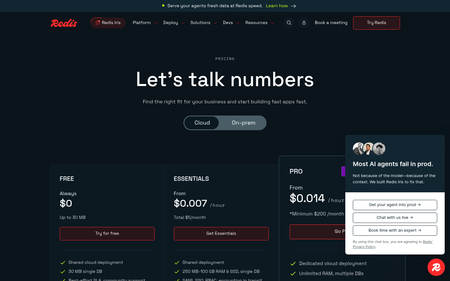 Screenshot of Redis Cloud's pricing page showing its plans and prices