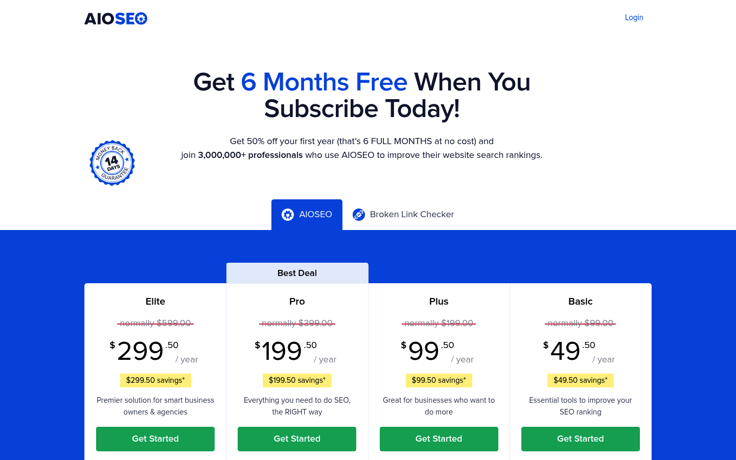 Screenshot of AIOSEO's pricing page showing its plans and prices