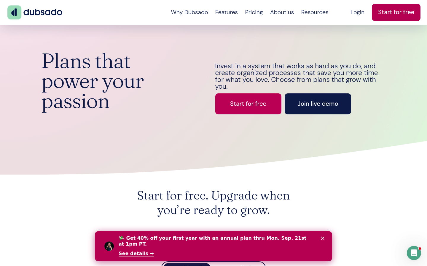 Screenshot of Dubsado's pricing page showing its plans and prices
