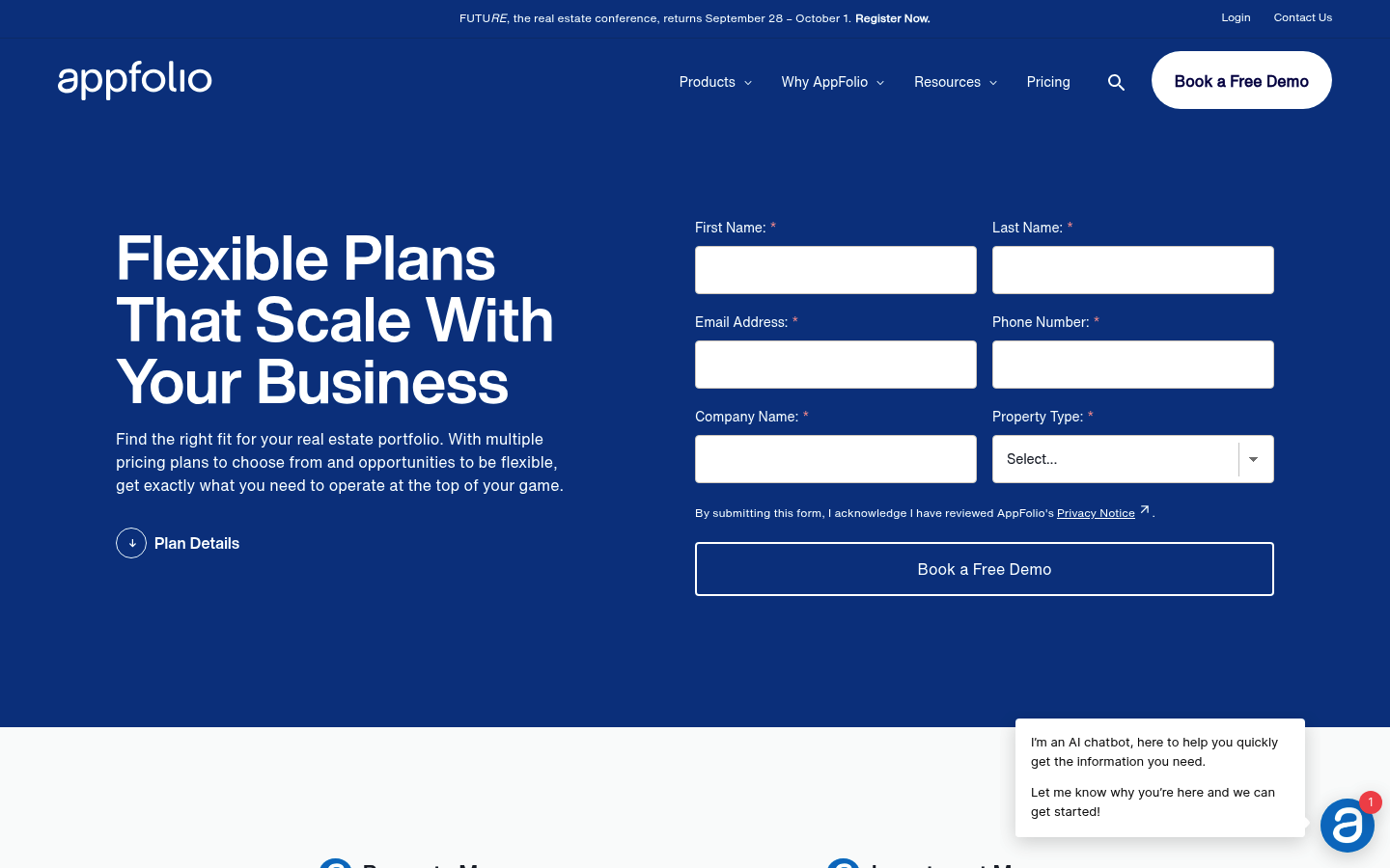 Screenshot of AppFolio's pricing page showing its plans and prices