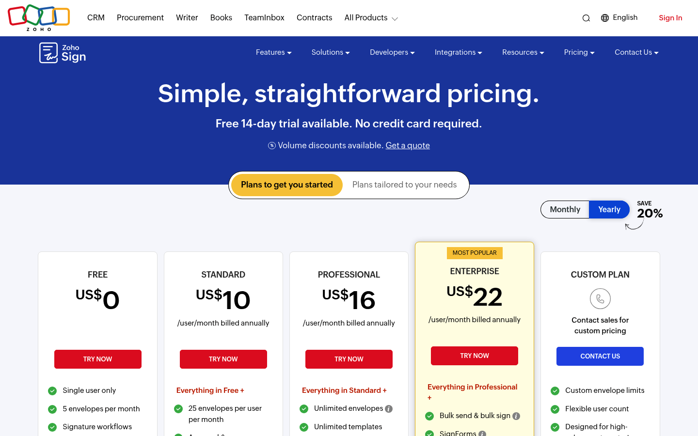 Screenshot of Zoho Sign's pricing page showing its plans and prices