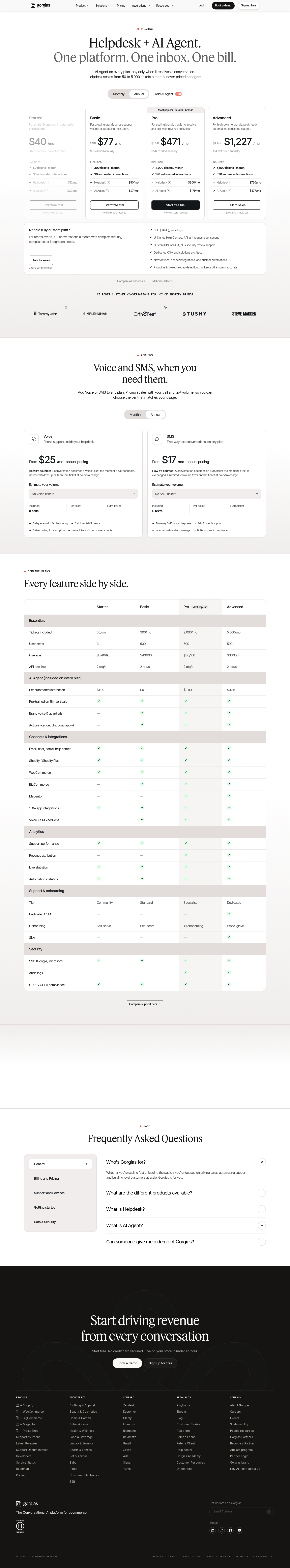 Screenshot of Gorgias's pricing page showing its plans and prices
