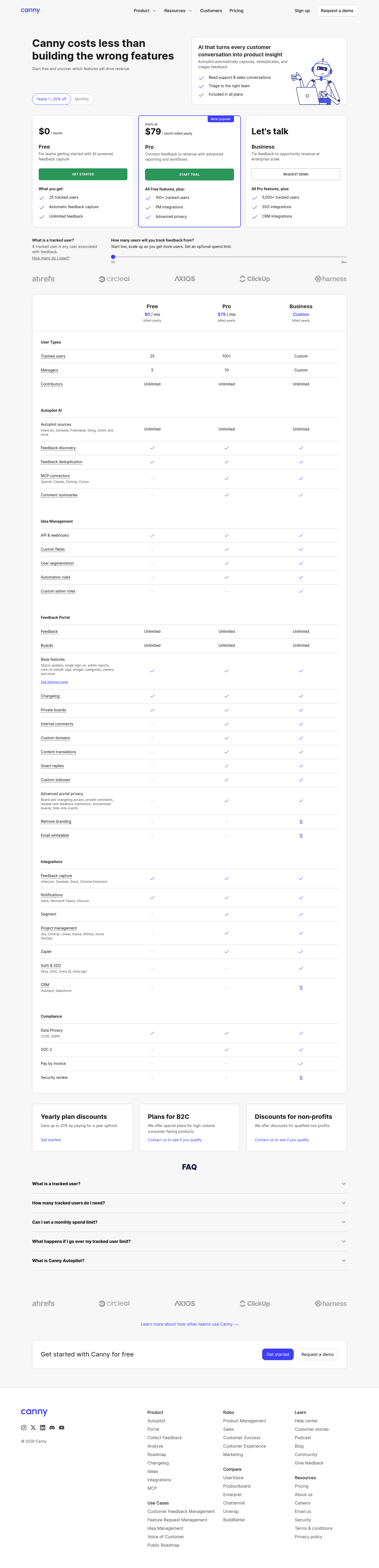 Screenshot of Canny's pricing page showing its plans and prices