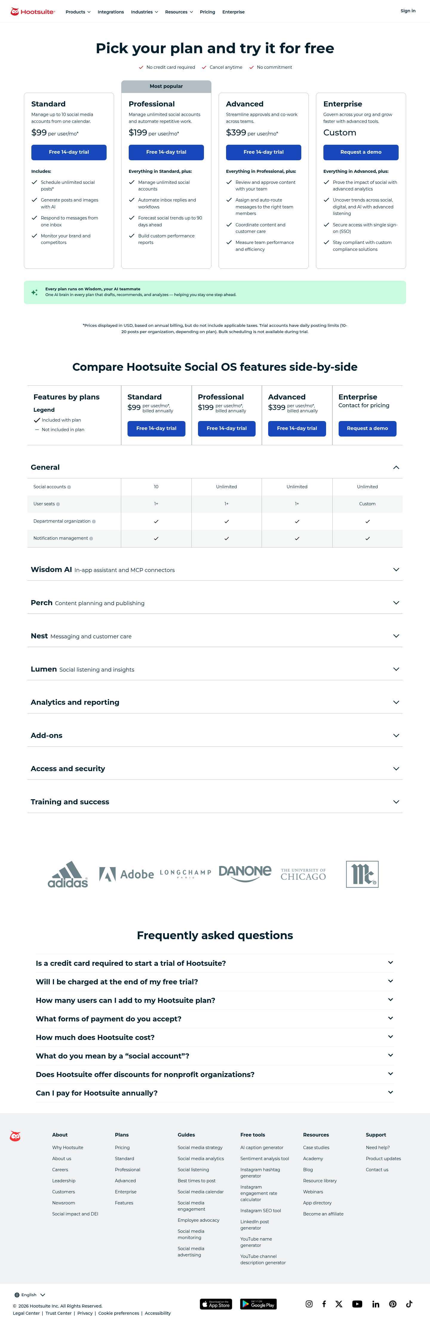 Screenshot of Hootsuite's pricing page showing its plans and prices