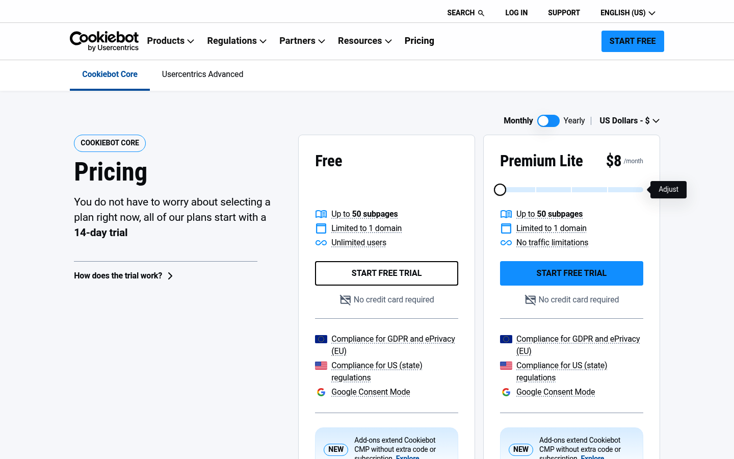 Screenshot of Cookiebot's pricing page showing its plans and prices