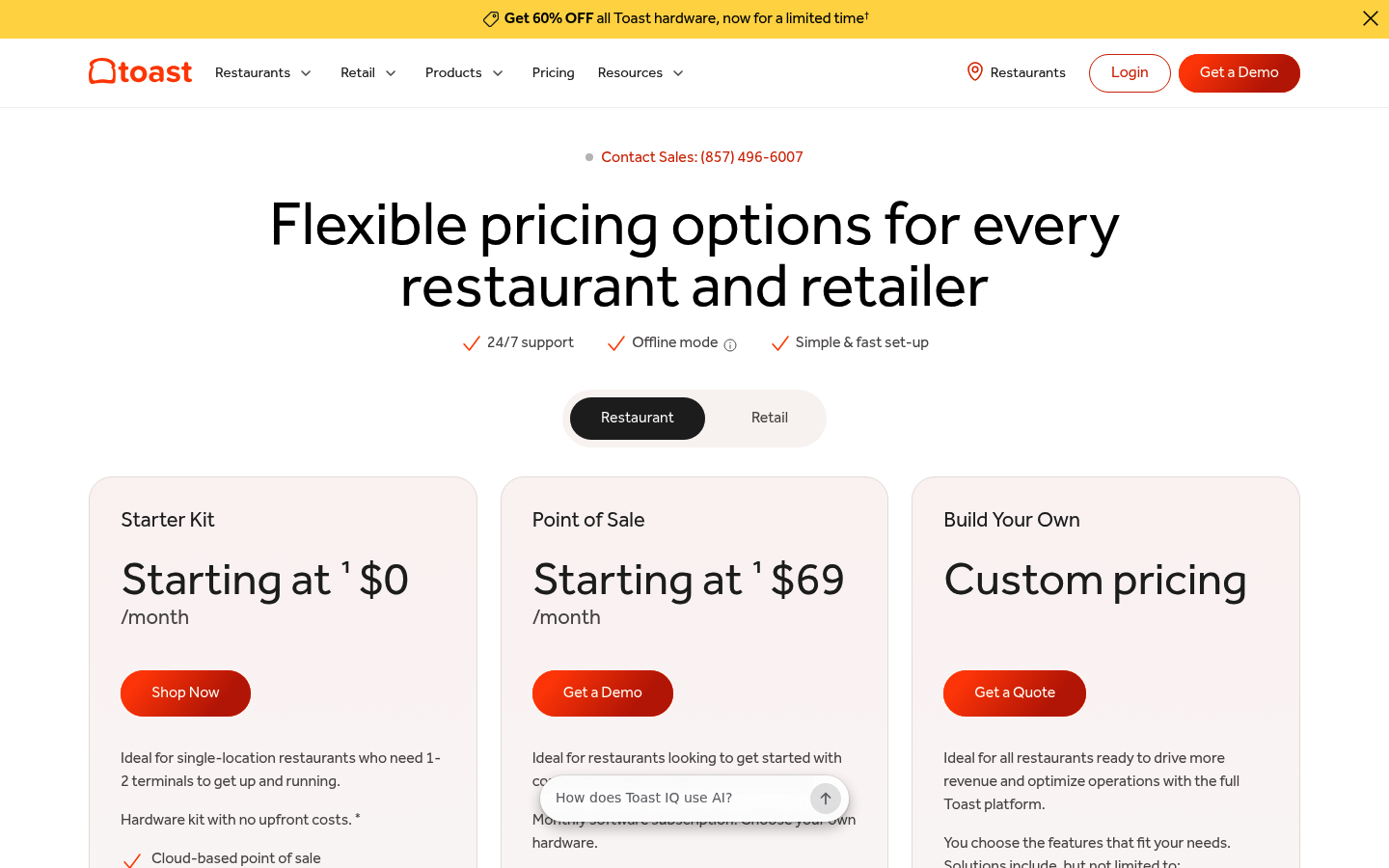 Screenshot of Toast's pricing page showing its plans and prices