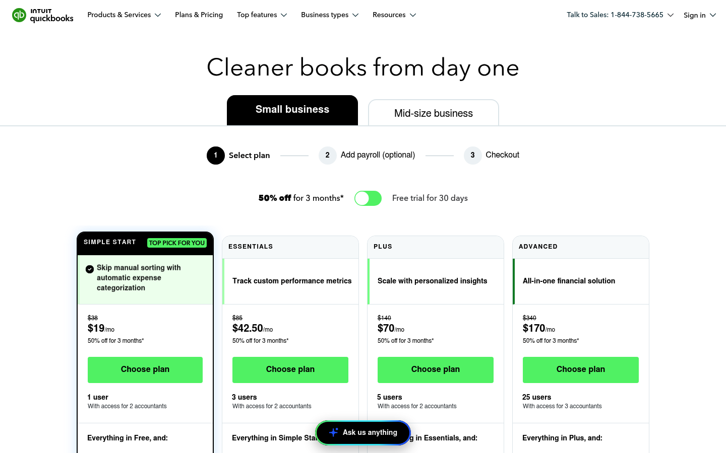 Screenshot of QuickBooks's pricing page showing its plans and prices