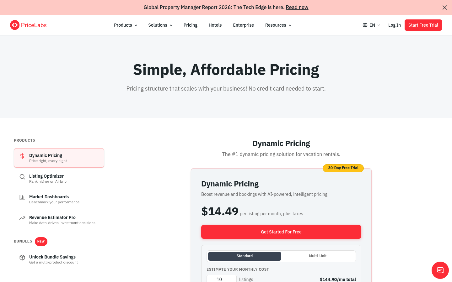 Screenshot of PriceLabs's pricing page showing its plans and prices