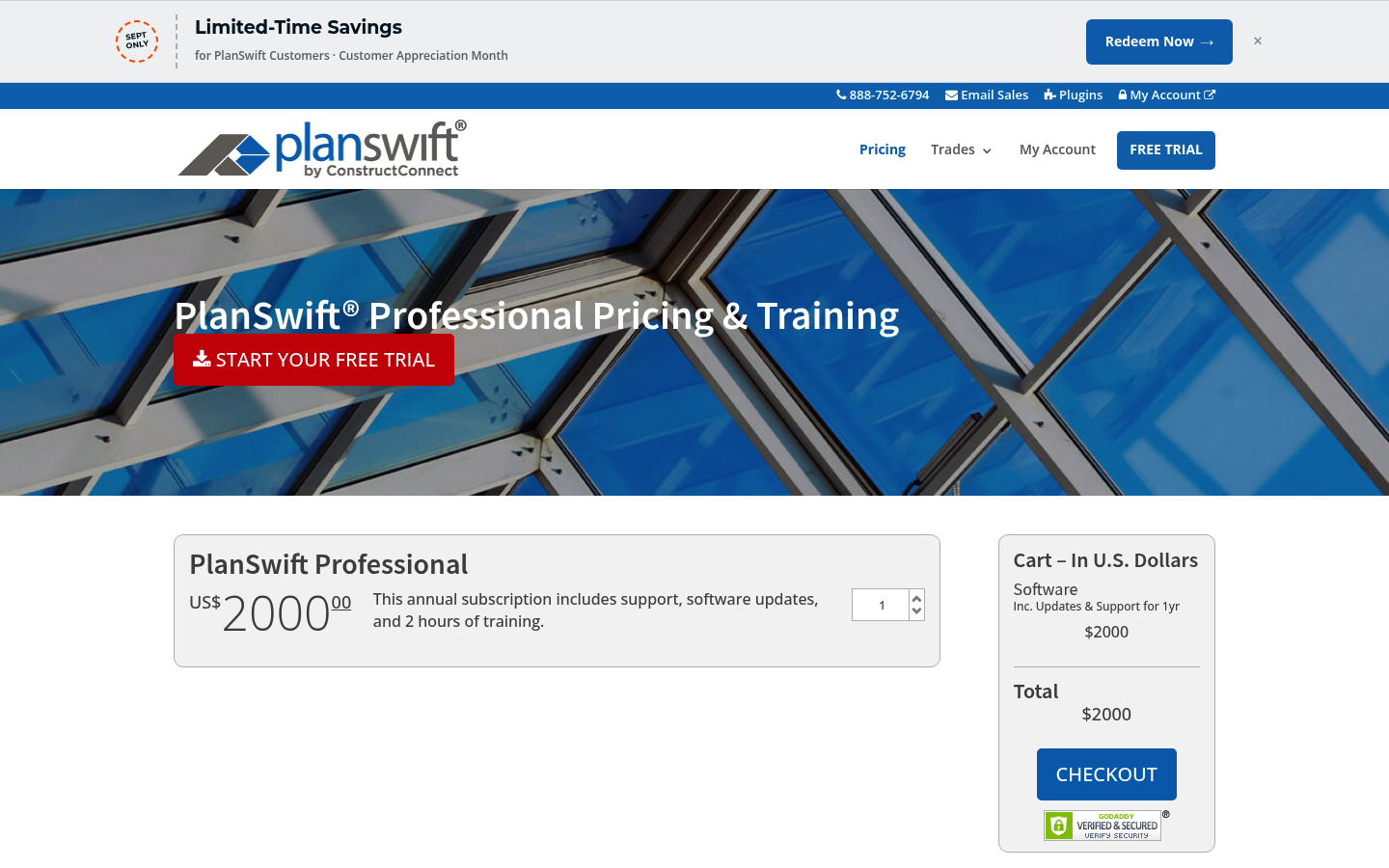 Screenshot of PlanSwift's pricing page showing its plans and prices