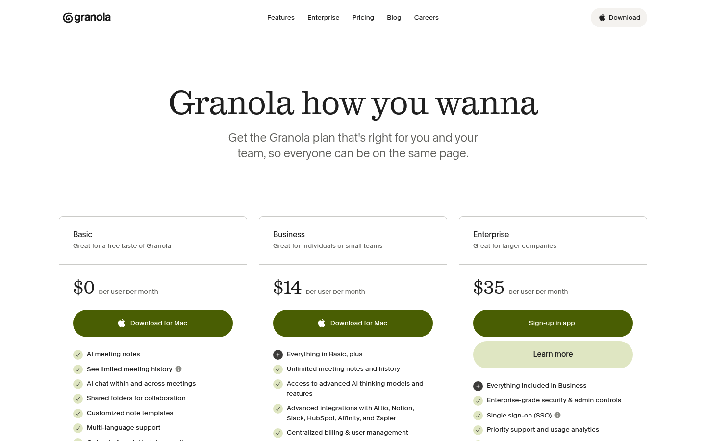 Screenshot of Granola's pricing page showing its plans and prices