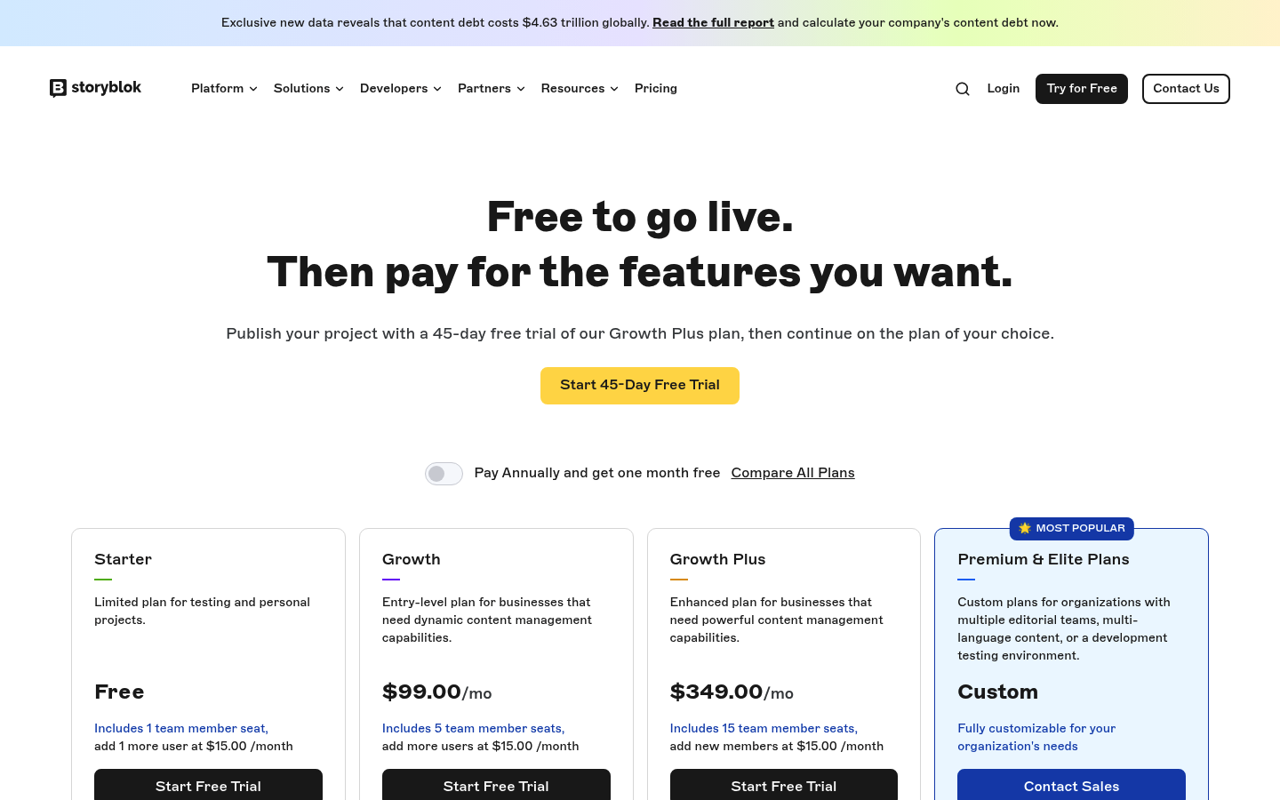 Screenshot of Storyblok's pricing page showing its plans and prices