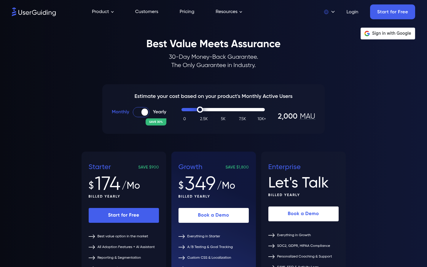 Screenshot of UserGuiding's pricing page showing its plans and prices