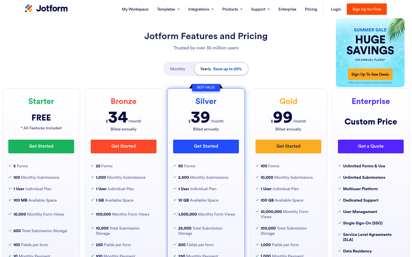 Screenshot of Jotform's pricing page showing its plans and prices