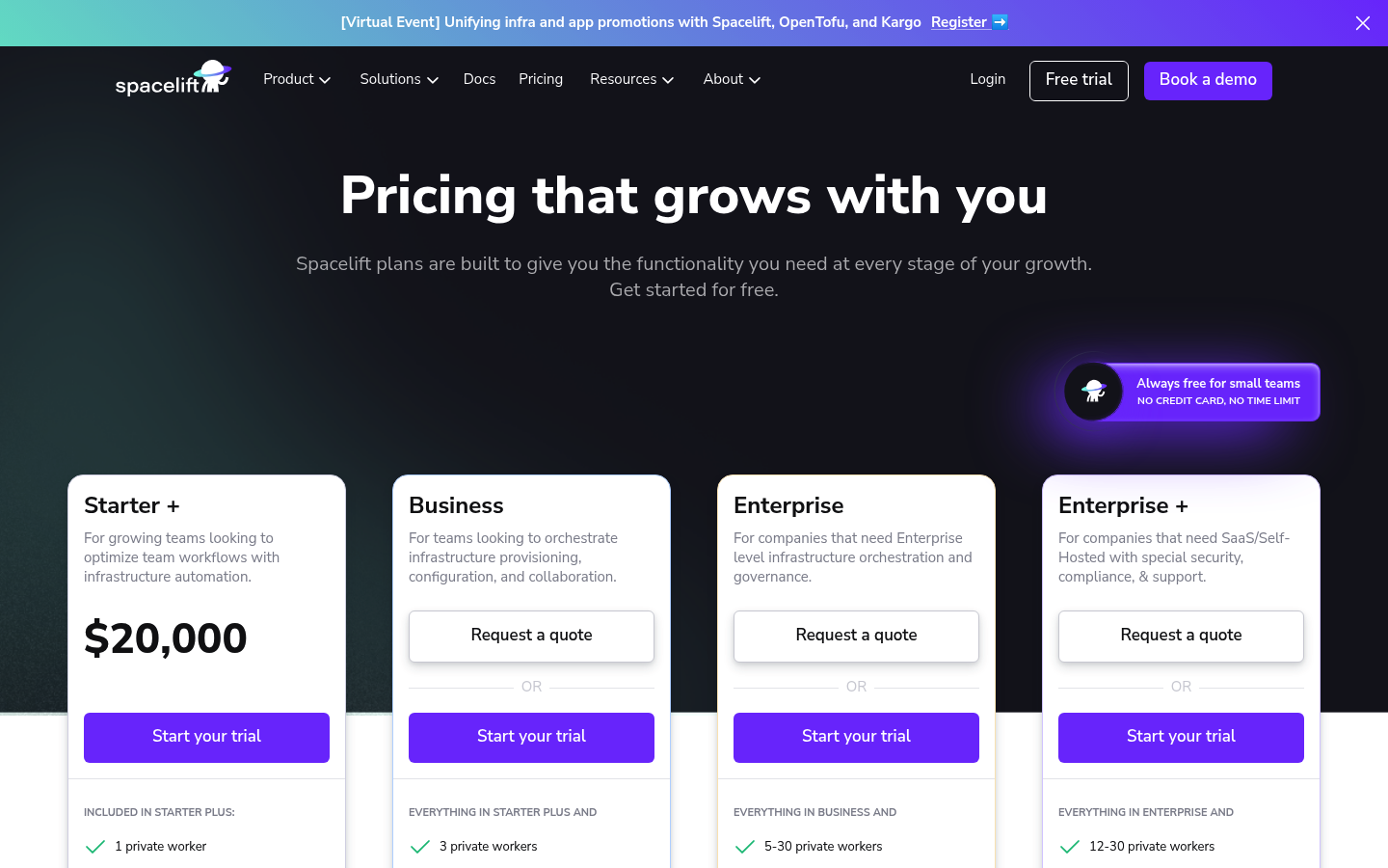 Screenshot of Spacelift's pricing page showing its plans and prices