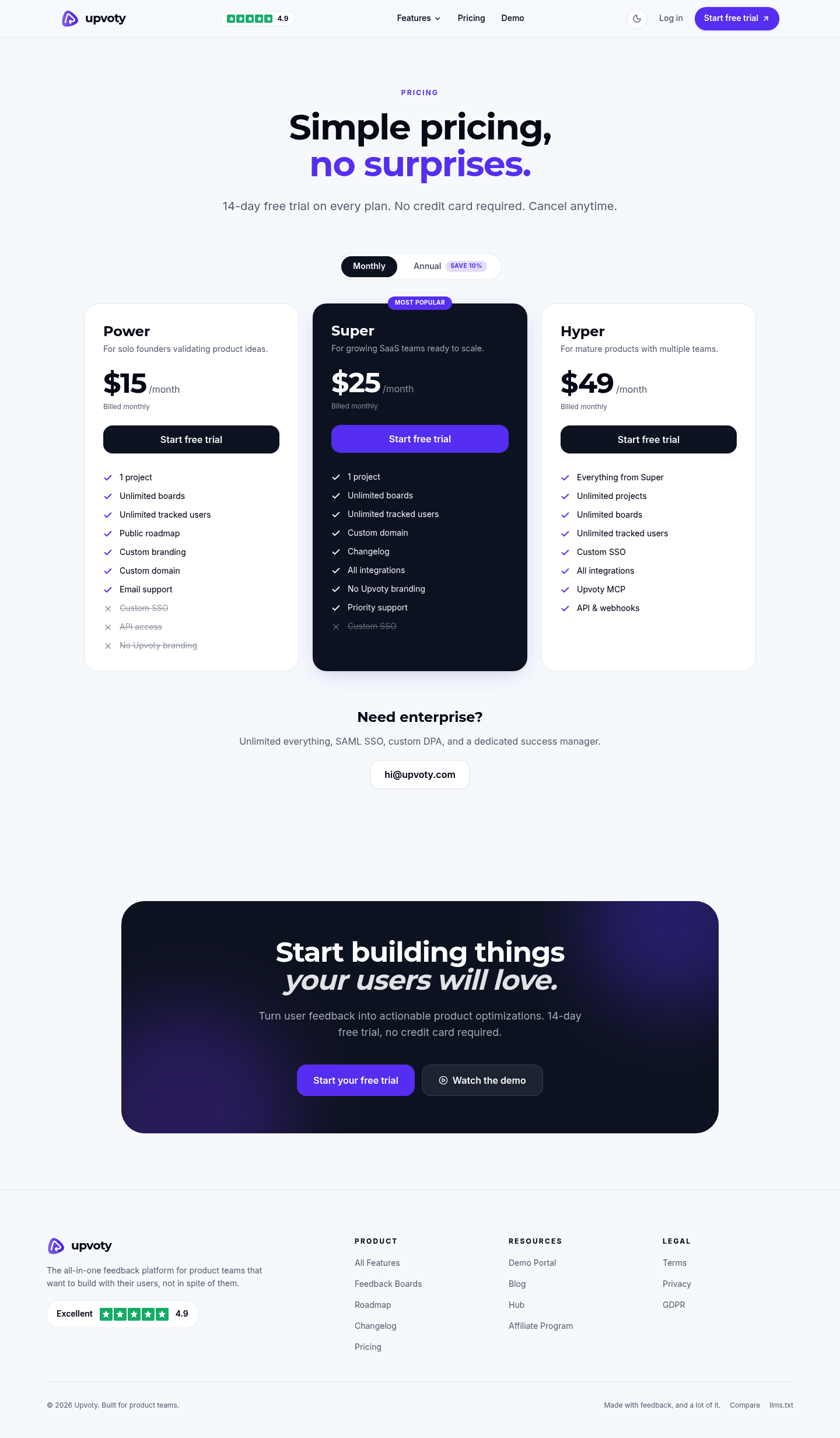 Screenshot of Upvoty's pricing page showing its plans and prices