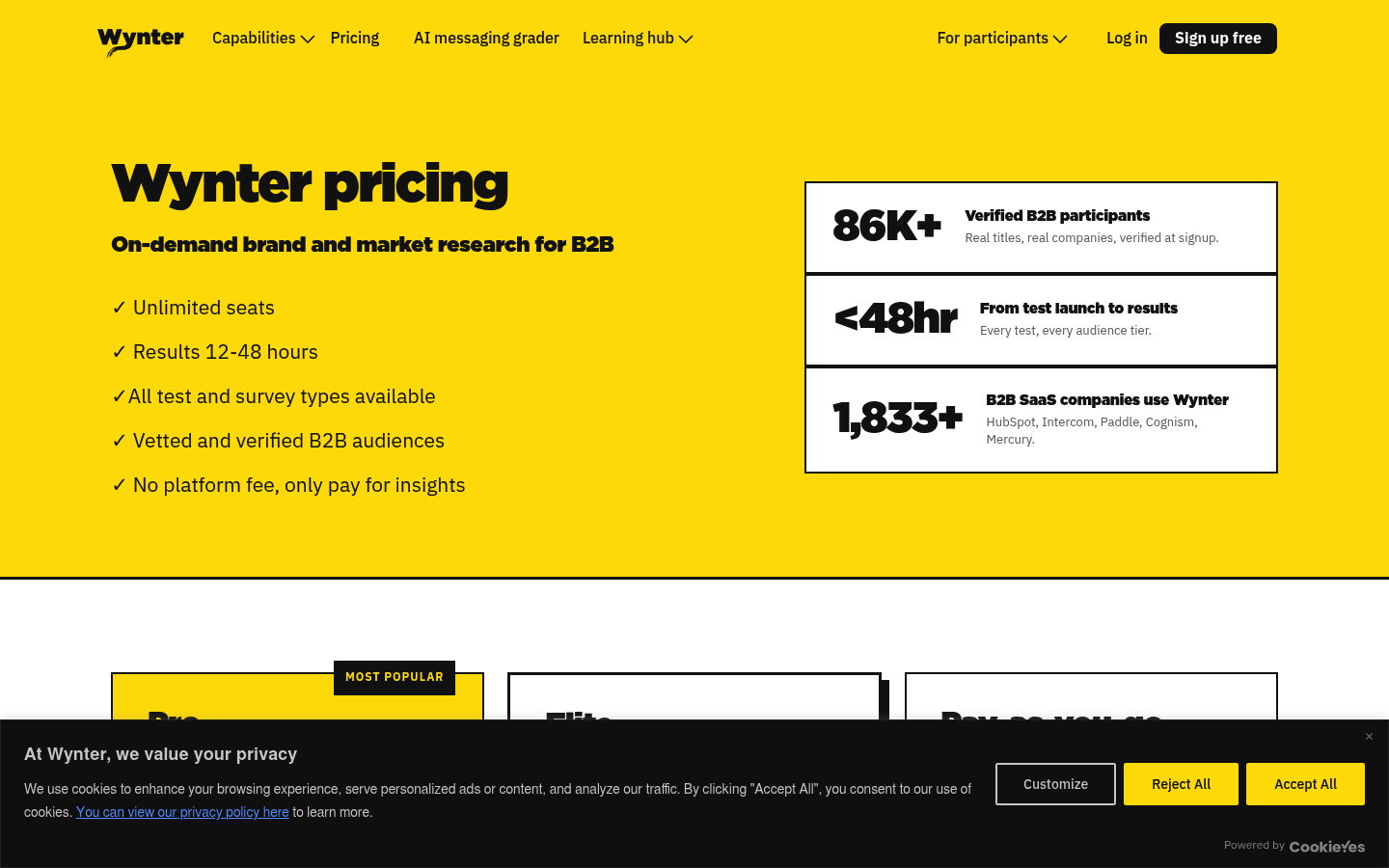Screenshot of Wynter's pricing page showing its plans and prices