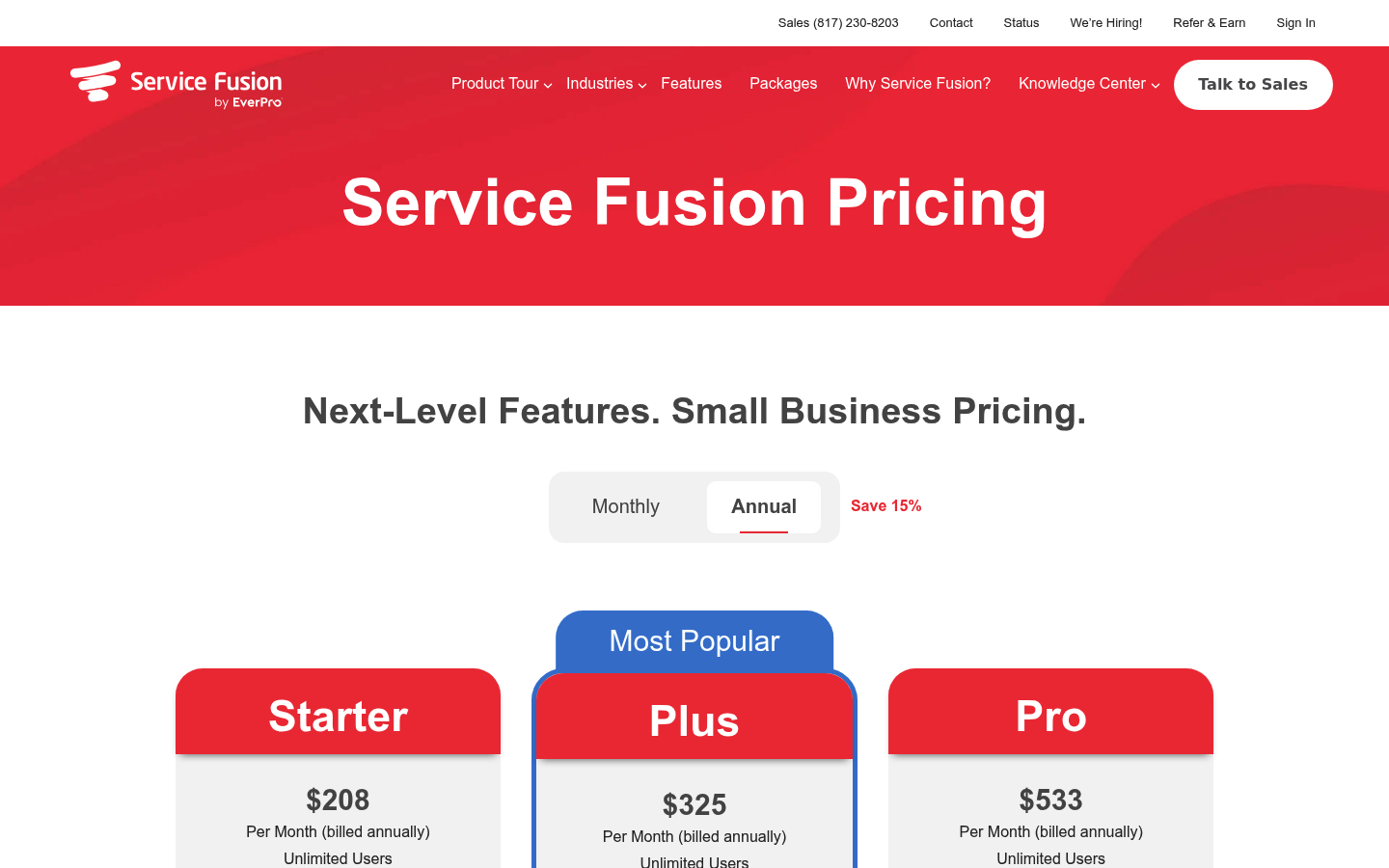 Screenshot of Service Fusion's pricing page showing its plans and prices