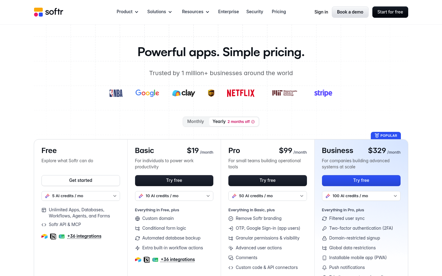 Screenshot of Softr's pricing page showing its plans and prices