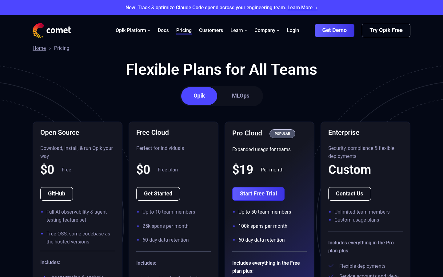 Screenshot of Comet's pricing page showing its plans and prices