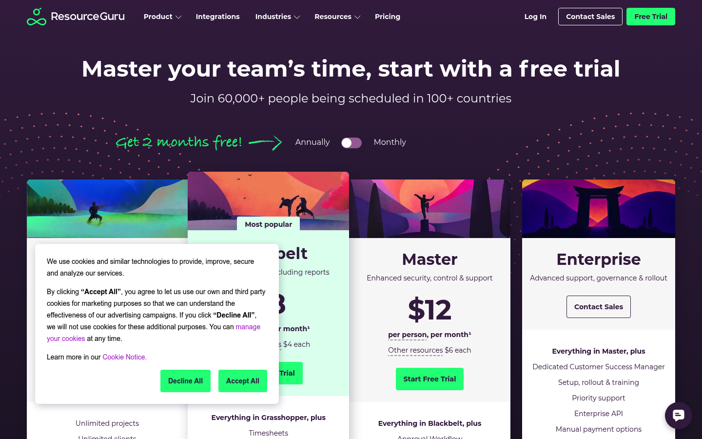 Screenshot of Resource Guru's pricing page showing its plans and prices