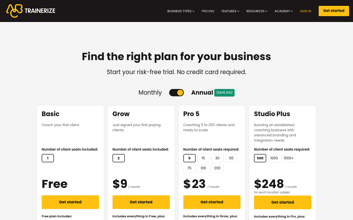 Screenshot of Trainerize's pricing page showing its plans and prices