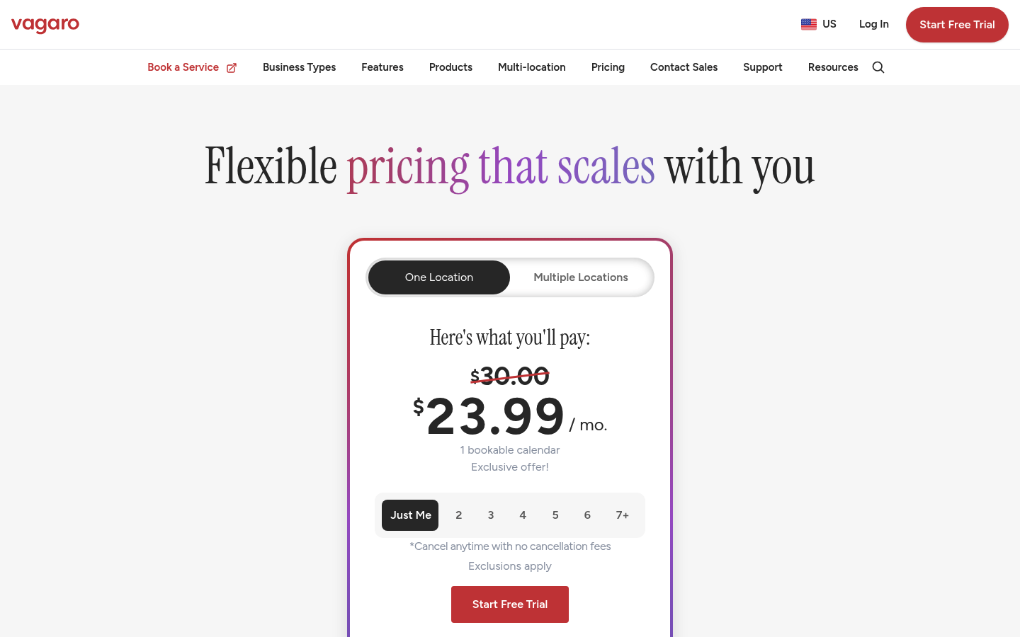 Screenshot of Vagaro's pricing page showing its plans and prices