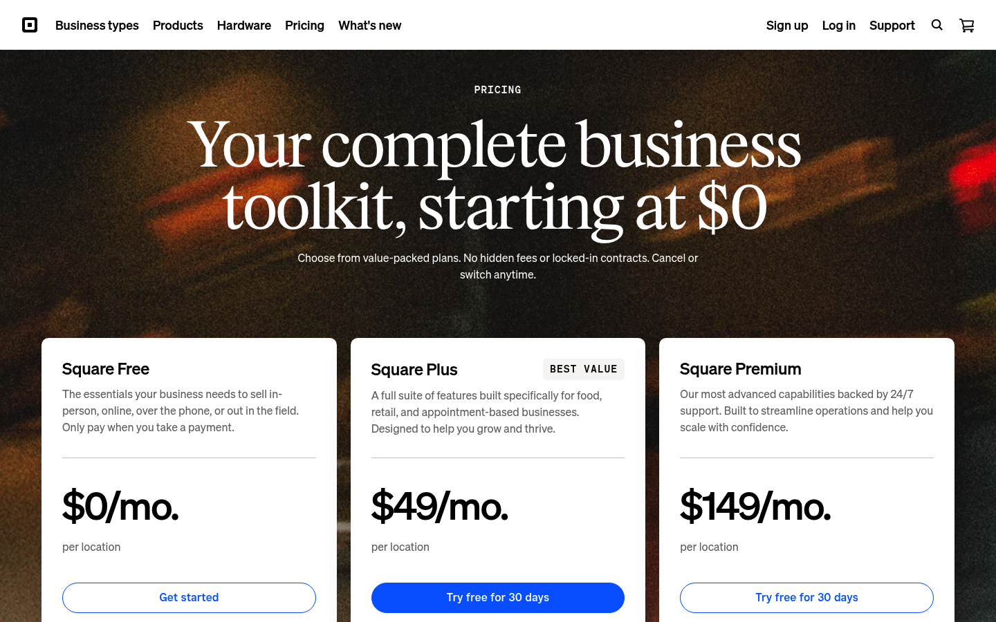 Screenshot of Square's pricing page showing its plans and prices