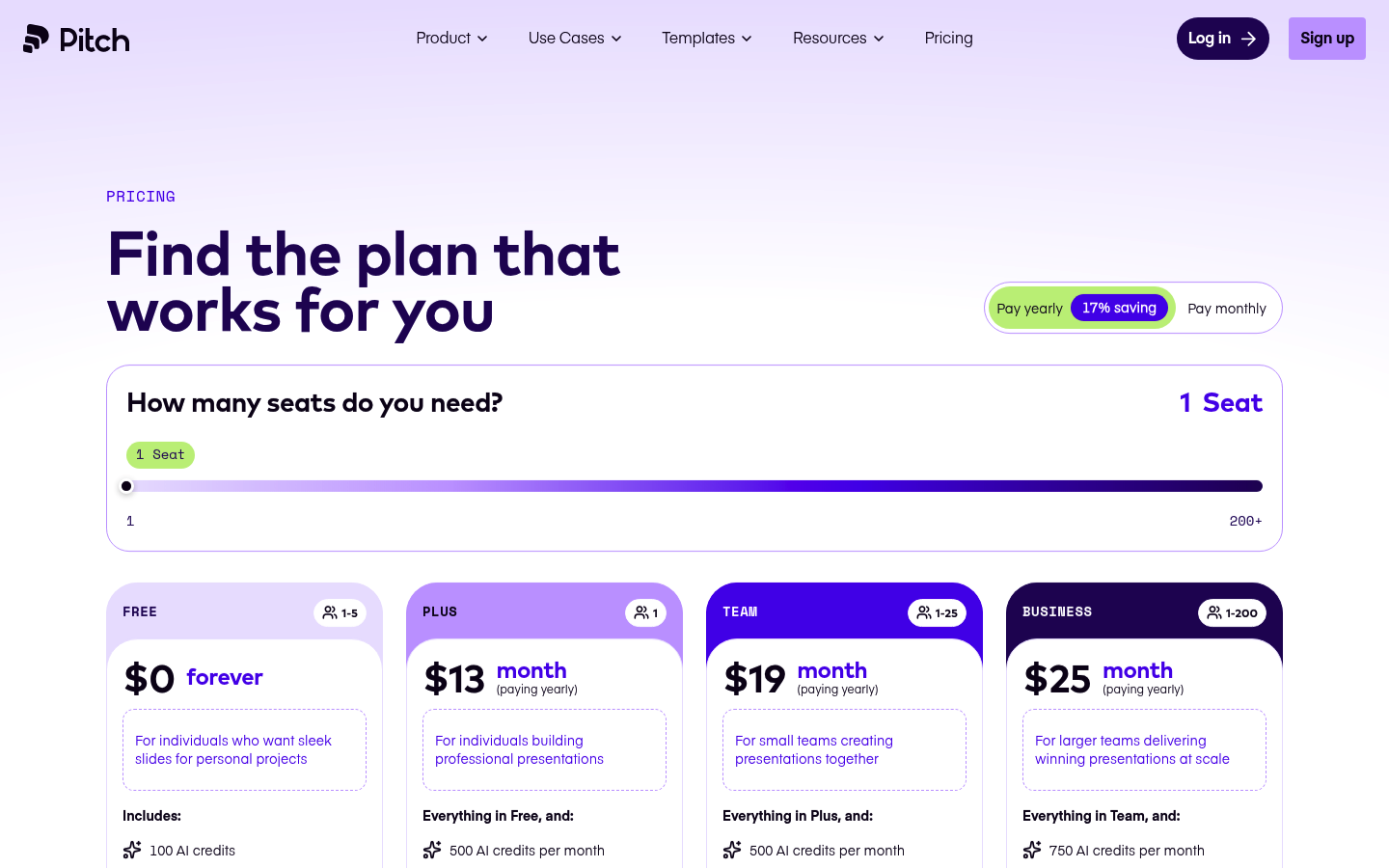 Screenshot of Pitch's pricing page showing its plans and prices