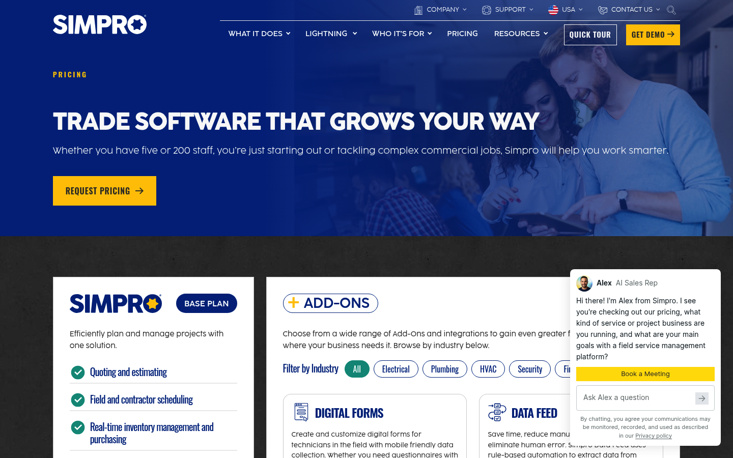 Screenshot of Simpro's pricing page showing its plans and prices