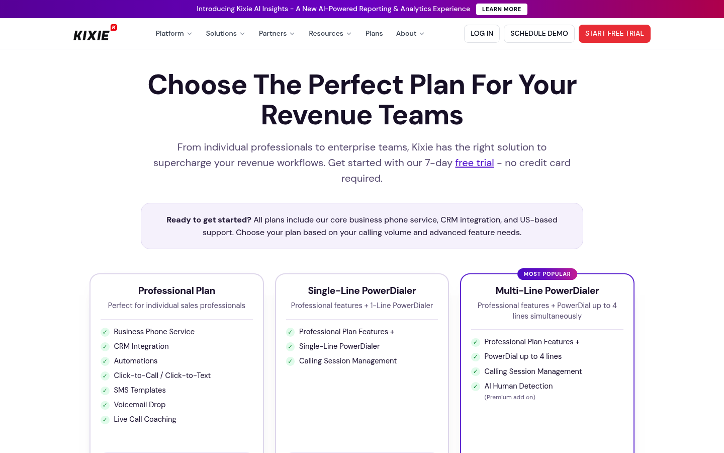 Screenshot of Kixie's pricing page showing its plans and prices
