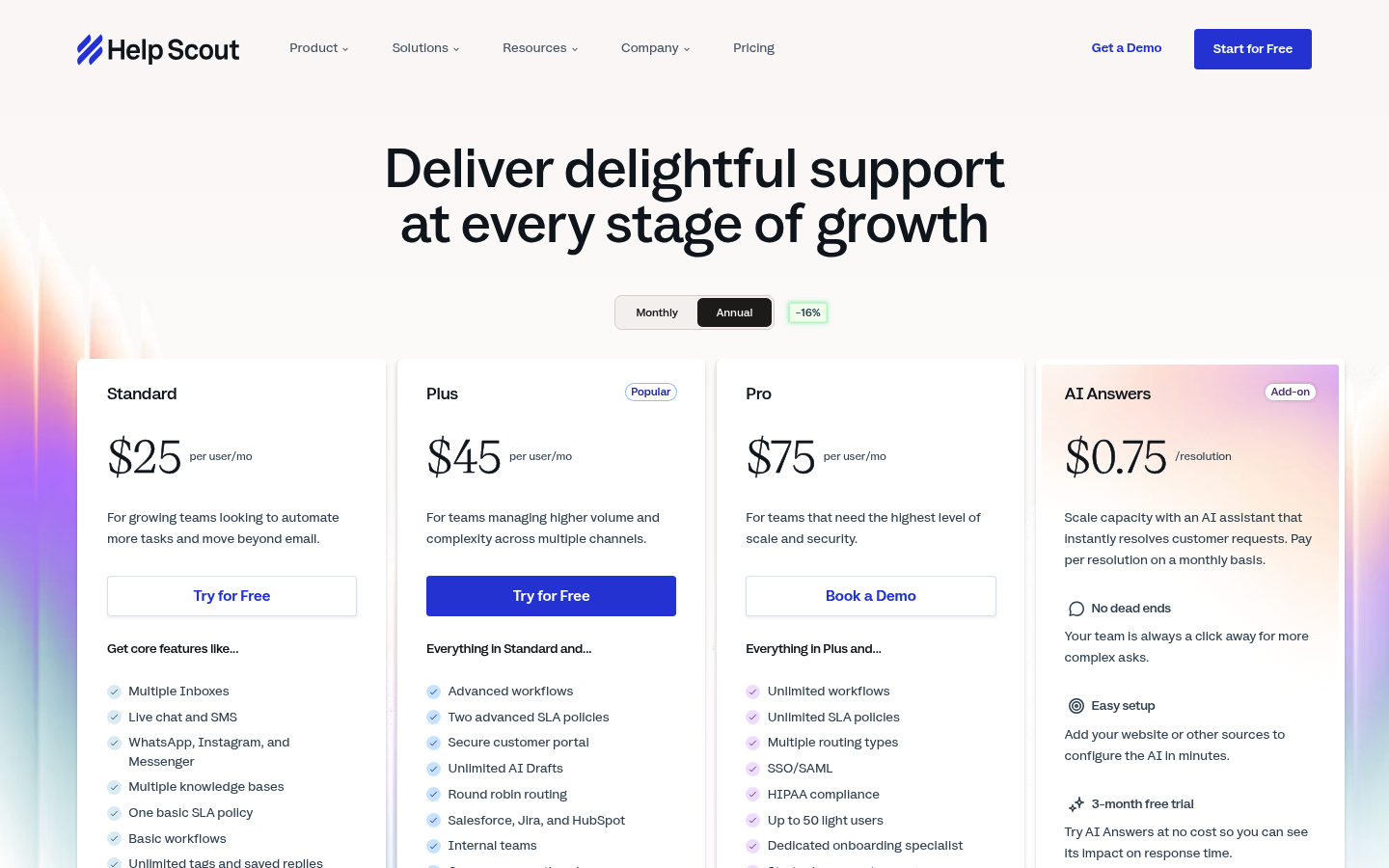 Screenshot of Help Scout's pricing page showing its plans and prices