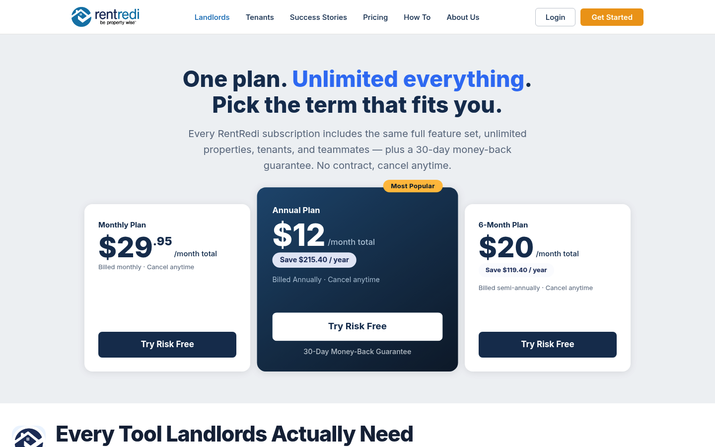 Screenshot of RentRedi's pricing page showing its plans and prices