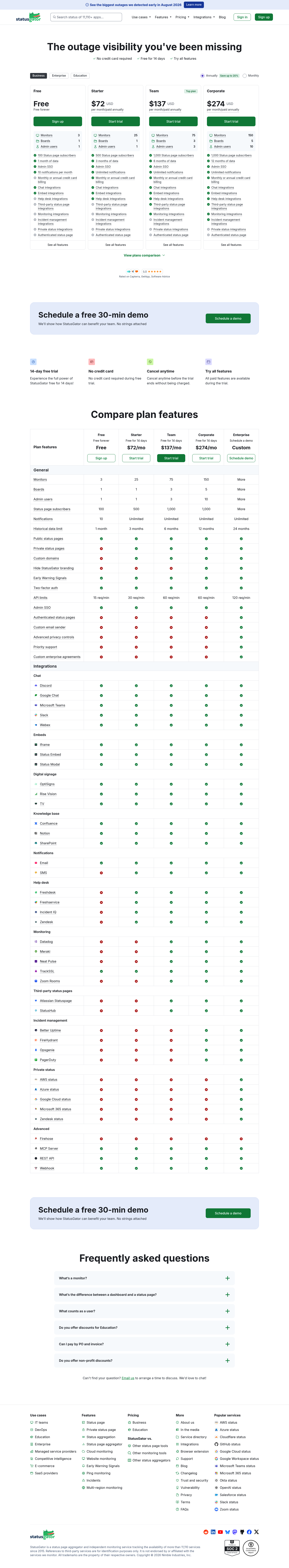 Screenshot of StatusGator's pricing page showing its plans and prices