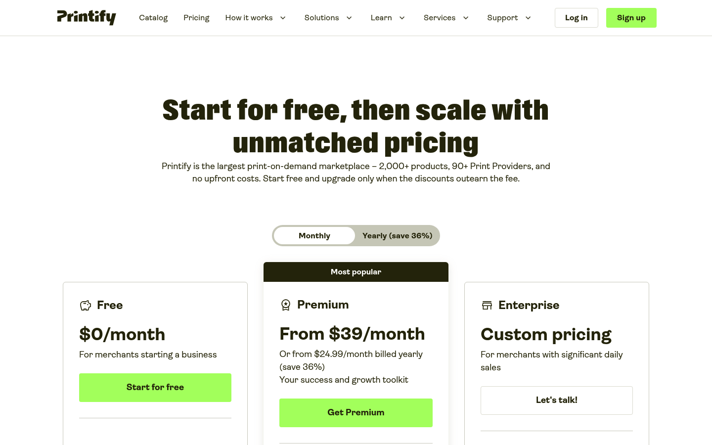 Screenshot of Printify's pricing page showing its plans and prices