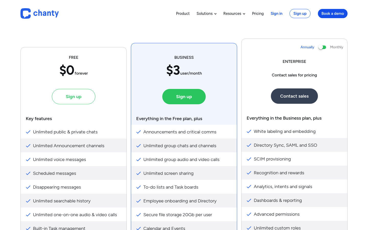 Screenshot of Chanty's pricing page showing its plans and prices
