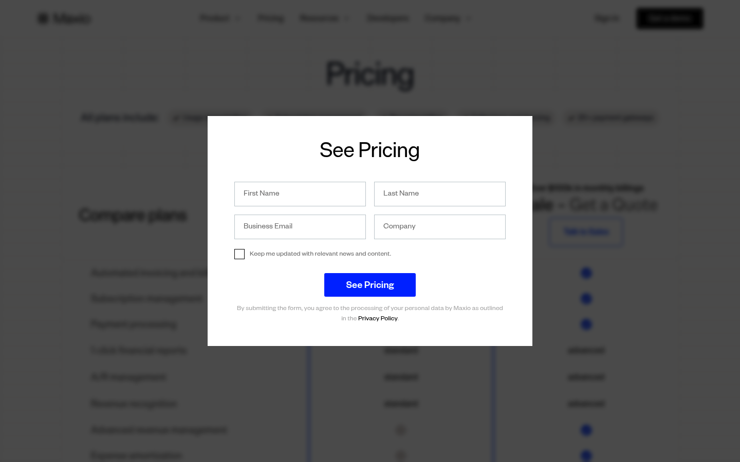 Screenshot of Maxio's pricing page showing its plans and prices