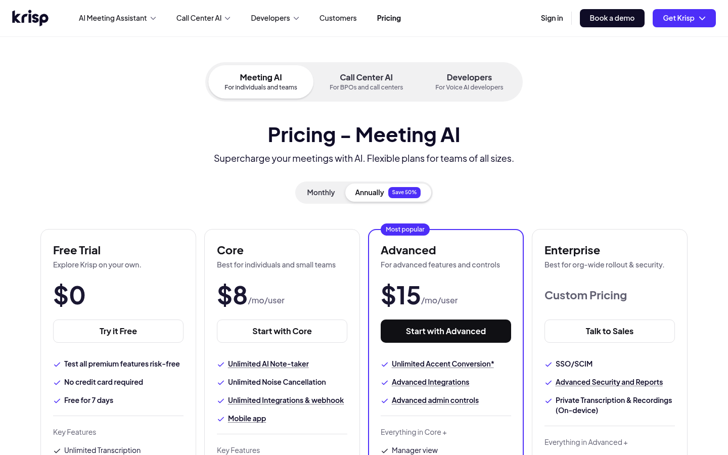 Screenshot of Krisp's pricing page showing its plans and prices