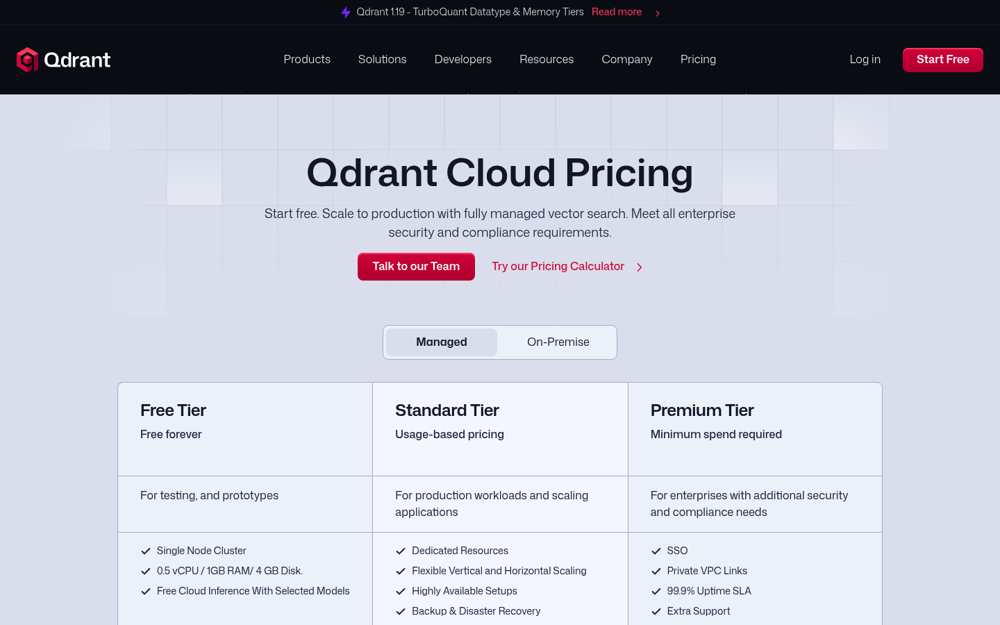 Screenshot of Qdrant's pricing page showing its plans and prices