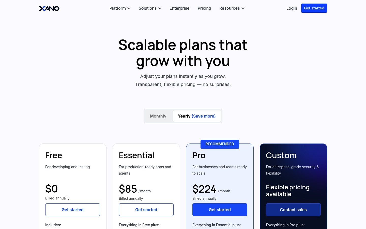 Screenshot of Xano's pricing page showing its plans and prices