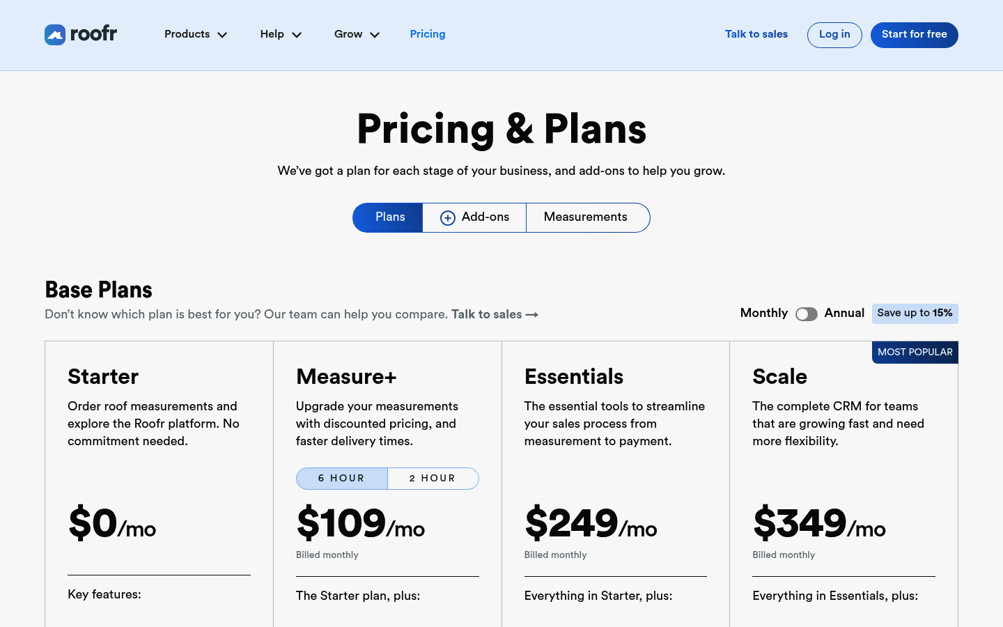 Screenshot of Roofr's pricing page showing its plans and prices