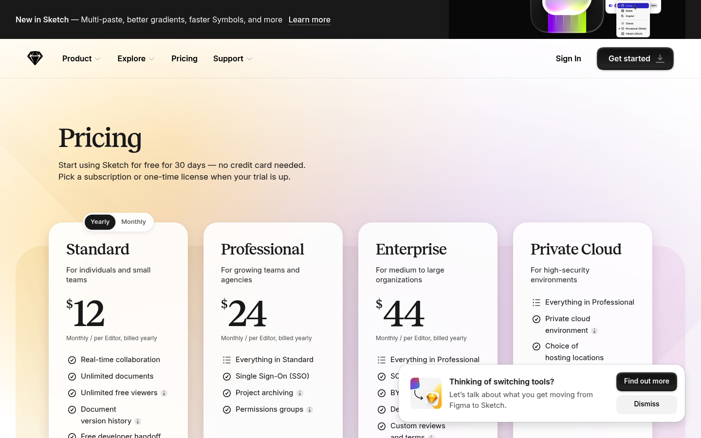 Screenshot of Sketch's pricing page showing its plans and prices