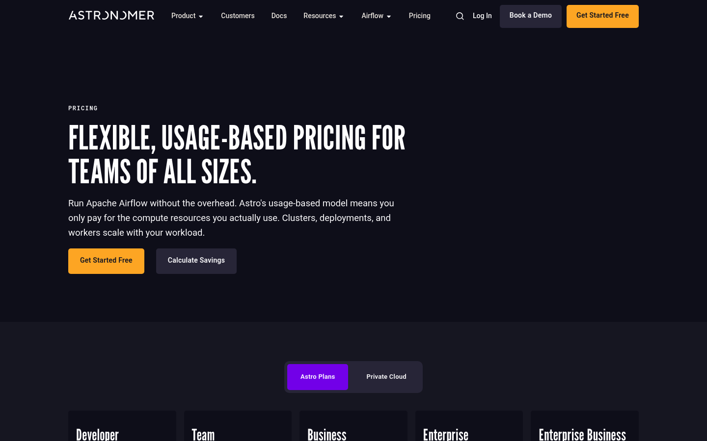 Screenshot of Astronomer's pricing page showing its plans and prices