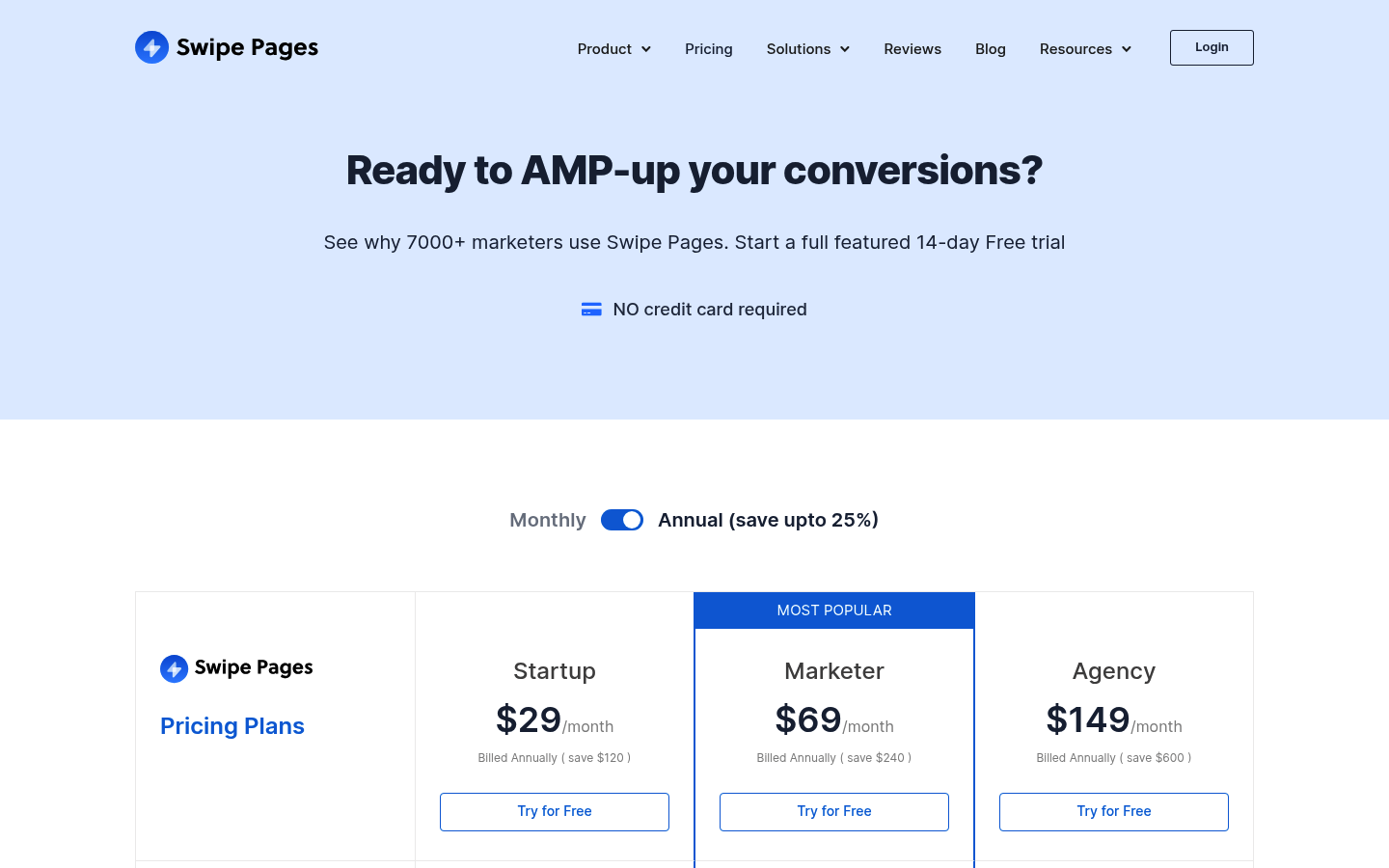 Screenshot of Swipe Pages's pricing page showing its plans and prices