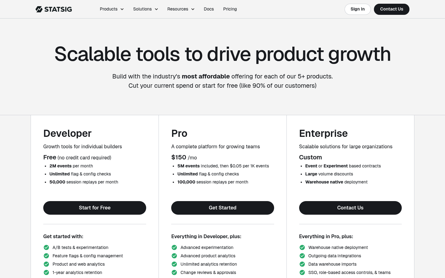 Screenshot of Statsig's pricing page showing its plans and prices