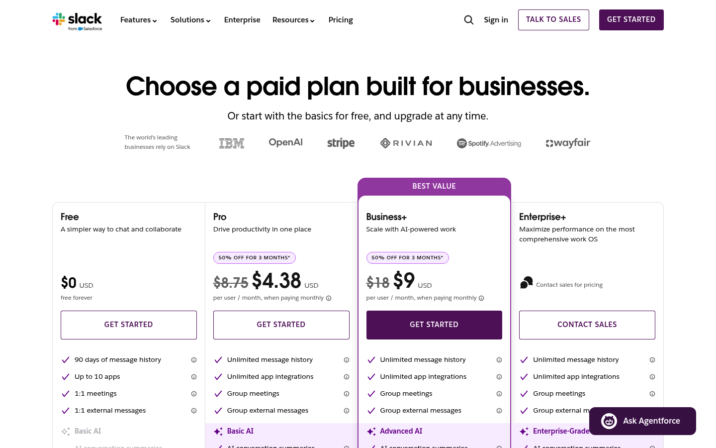 Screenshot of Slack's pricing page showing its plans and prices