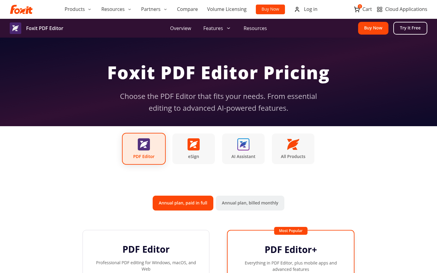 Screenshot of Foxit's pricing page showing its plans and prices