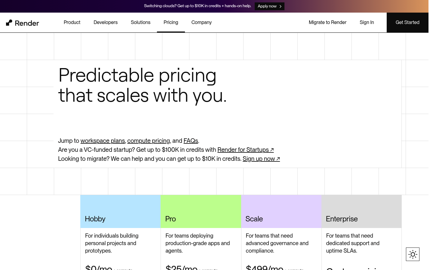 Screenshot of Render's pricing page showing its plans and prices